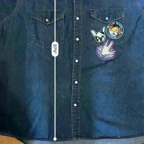 Cowboy Work Wear Denim Pearl Snap Shirt Men Size XXL Blue Long Sleeve PATCHES - Picture 8 of 8